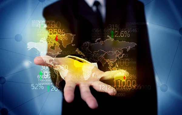 Pessoa de negócios terra estatísticas mapa na mão — Fotografia de Stock