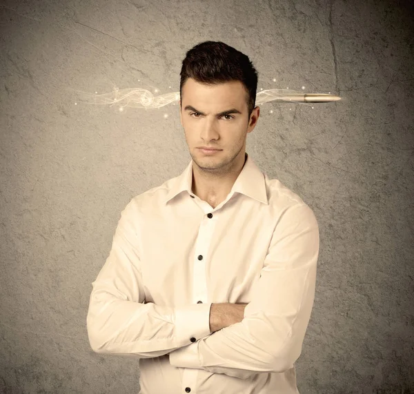 Fast creative sales guy with smoking bullet — Stock Photo, Image