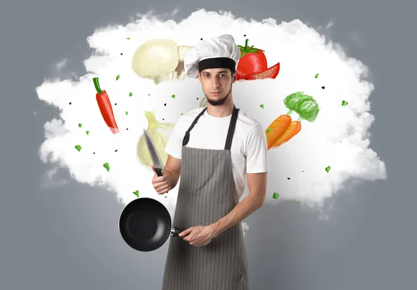 Овощи на облаке с мужчиной поваром — стоковое фото