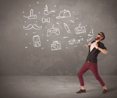 Komik hippi adam çizilmiş şeyler bağırıyor.