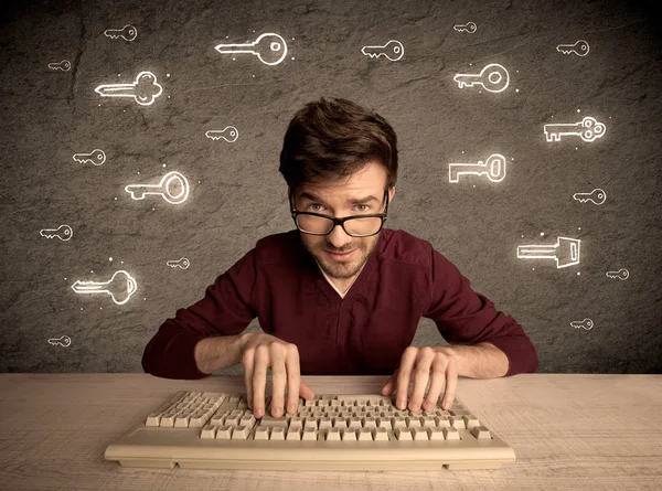 Hacker nerd guy with drawn password keys — Stock Photo, Image