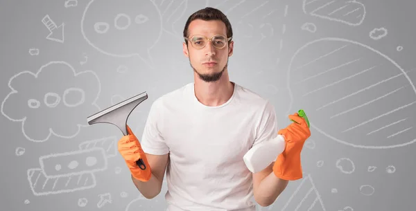 Empregado masculino com papel de parede rabiscado cinza — Fotografia de Stock