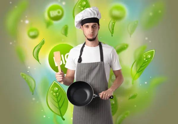 Bio bladeren concept en cook portret — Stockfoto