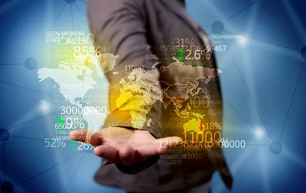 Business person holding earth statistics map — Stock Photo, Image