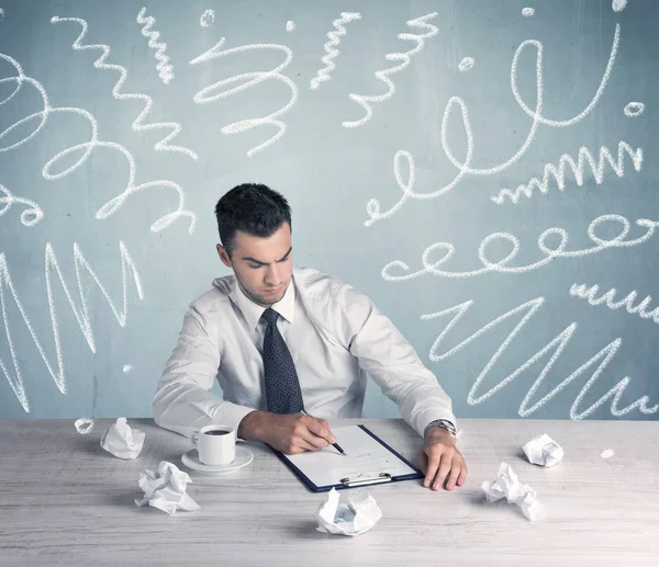 Tired office worker with drawn messy lines — Stock Photo, Image