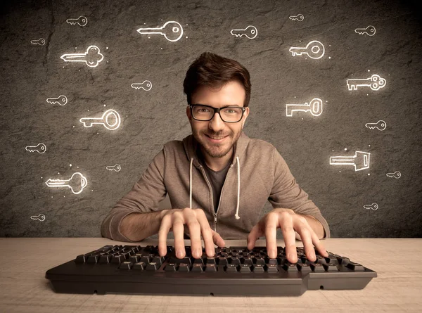 Hacker nerd guy with drawn password keys — Stock Photo, Image