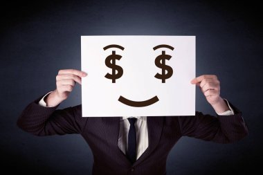 Aç gözlü duygu ile kağıt tutan işadamı 