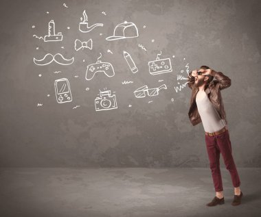 Komik hippi adam çizilmiş şeyler bağırıyor.