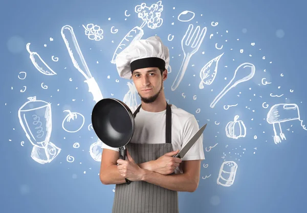 Młody kucharz z koncepcja kreda ciągnione Zupa przepis — Zdjęcie stockowe