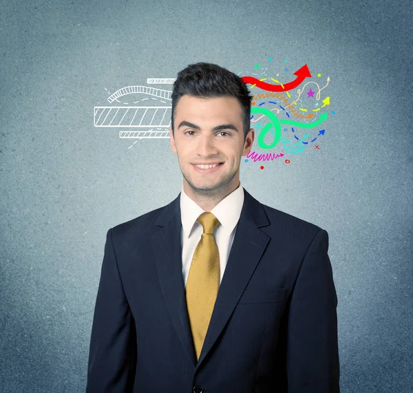 Happy creative business guy with illustration — Stock Photo, Image