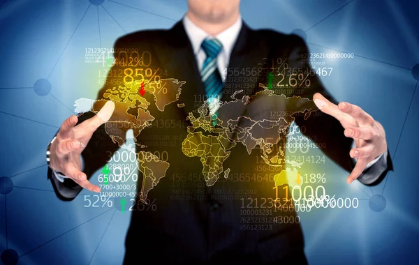 Business person holding earth statistics map — Stock Photo, Image