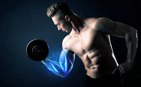 Fit athlete lifting weight with blue muscle light concept — Stock Photo, Image