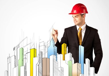 İş adamı şehir manzarası çiziyor