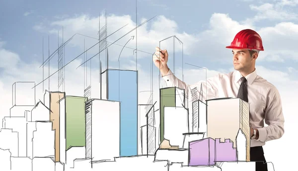 Construction worker planning a city sight — Stock Photo, Image