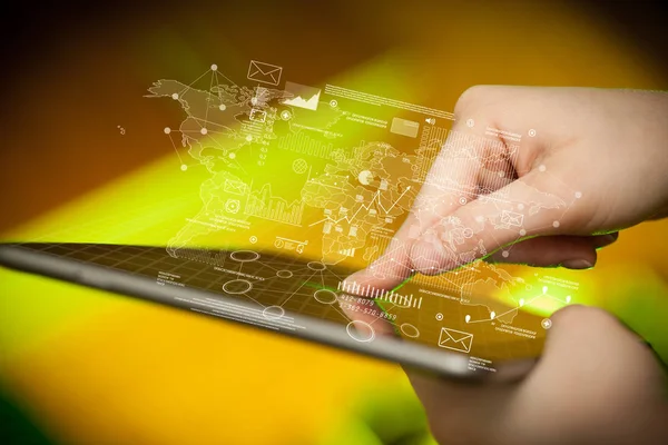 Fingers touching tablet with charts — Stock Photo, Image