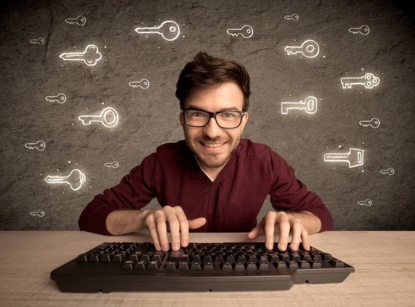 Hacker nerd guy with drawn password keys — Stock Photo, Image