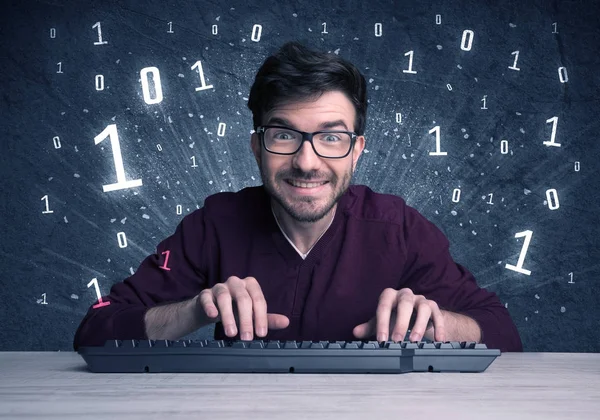 Online intruder geek guy hacking codes — Stock Photo, Image
