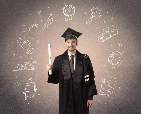 Elle çizilmiş okul ikonlarıyla mutlu bir öğrenci.