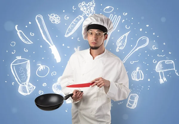 Jovem cozinheiro com giz desenho conceito de receita de sopa — Fotografia de Stock