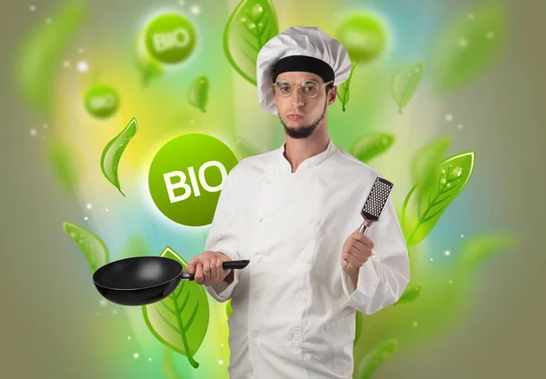 Bio leaves concept and cook portrait — Stock Photo, Image