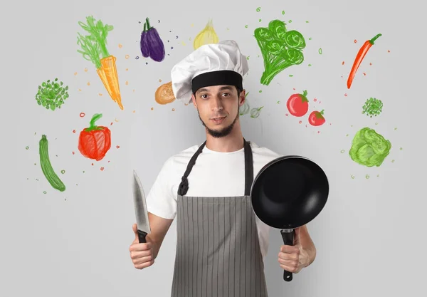 Kucharz z kolorowymi warzywami ciągnione — Zdjęcie stockowe