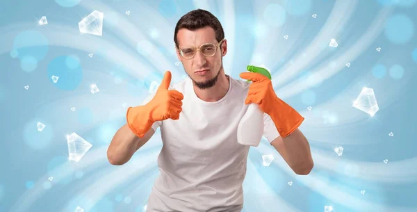 Blue diamond graphic and cleaning boy — Stock Photo, Image