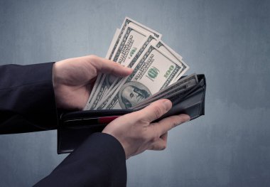 Takım elbise elinde Doları cüzdanından dışarı alır