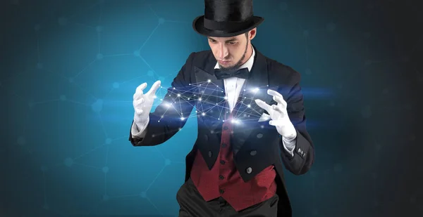 Magicien avec connexion géométrique sur sa main — Photo