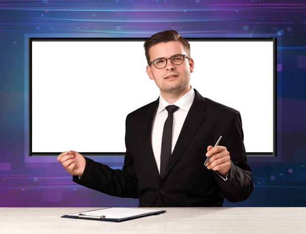 Television program host with big copy screen in his back — Stock Photo, Image