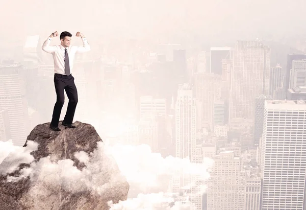 Boldog üzletember kő tetején állva — Stock Fotó