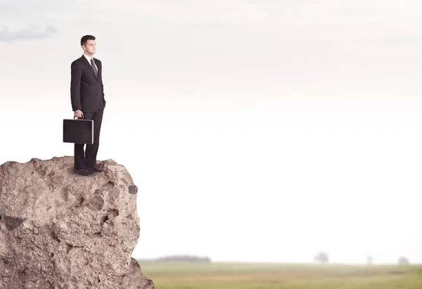 Happy salesman on cliff in the country — Stock Photo, Image