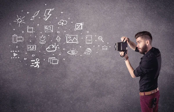 Elegant guy with beard learning photography — Stock Photo, Image