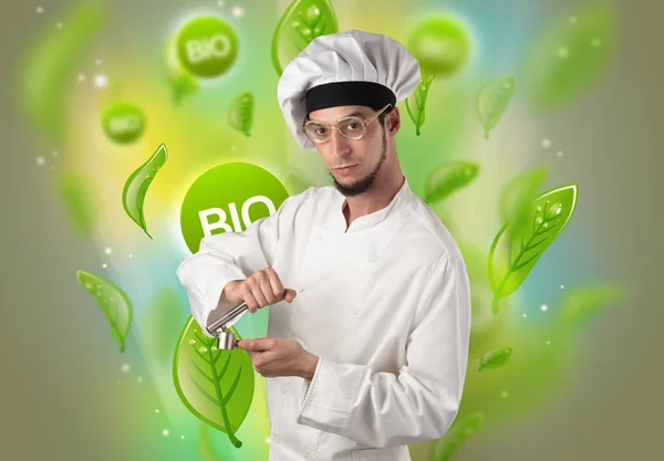 Bio bladeren concept en cook portret — Stockfoto