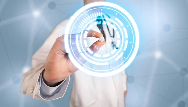 Male doctor holding a pill with glowing circles — Stock Photo, Image