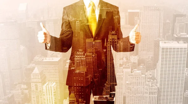 Business man looking at overlay city background — Stock Photo, Image