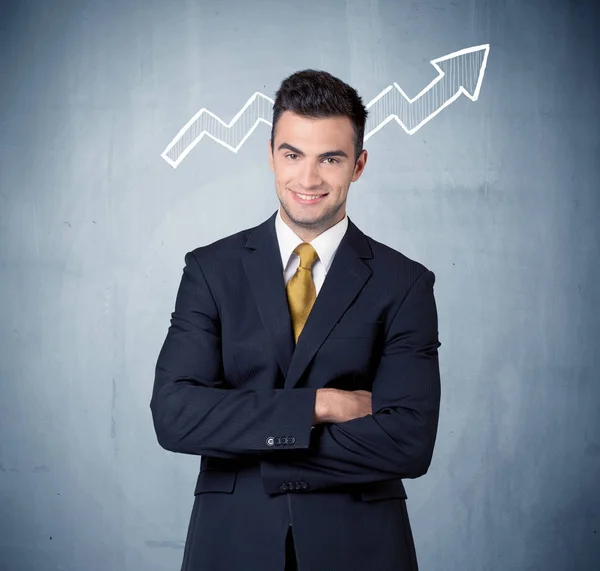 Smiling business guy with graph arrow — Stock Photo, Image