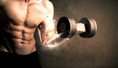 Vücut geliştirici enerji dolu beyaz çizgiler konseptiyle ağırlık kaldırıyor