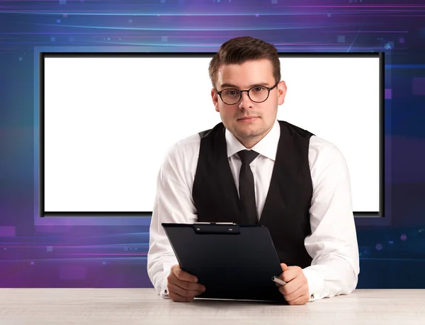 Television program host with big copy screen in his back — Stock Photo, Image