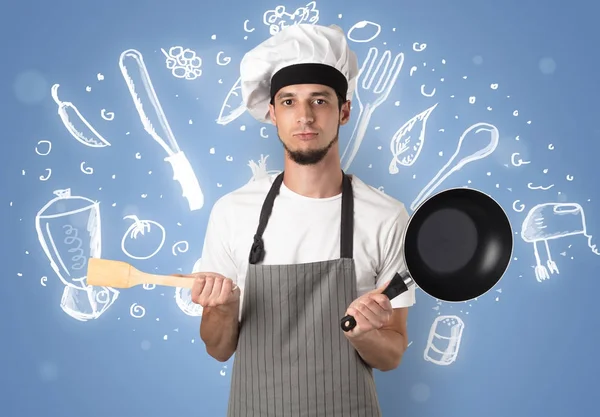 Jovem cozinheiro com giz desenho conceito de receita de sopa — Fotografia de Stock