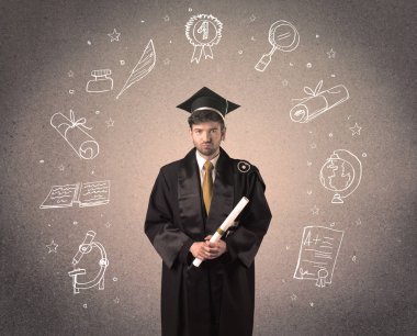 Elle çizilmiş okul ikonlarıyla mutlu bir öğrenci.