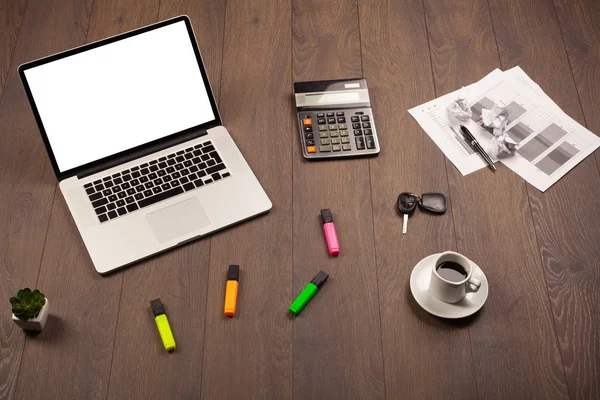 商务办公桌，办公用品和现代笔记本电脑白色黑色 — 图库照片