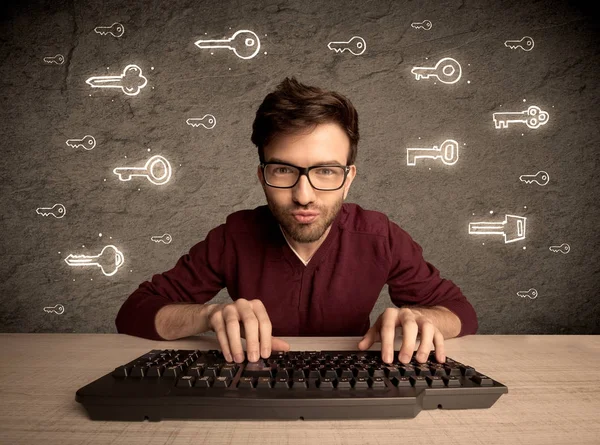 Hacker nerd guy with drawn password keys — Stock Photo, Image