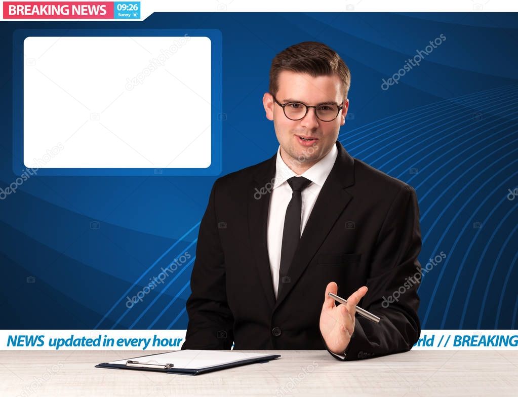 Television reporter telling breaking news at his studio desk wit