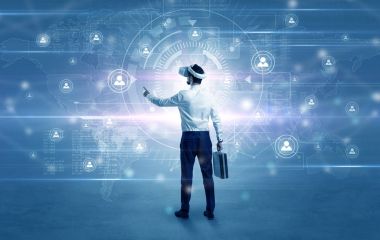 Bağlantı denetimi vj gözlüklü işadamı