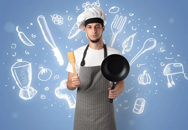 Jovem cozinheiro com giz desenho conceito de receita de sopa — Fotografia de Stock