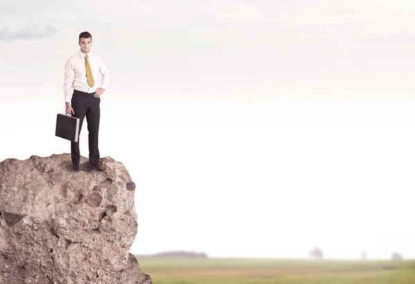 Happy salesman on cliff in the country — Stock Photo, Image