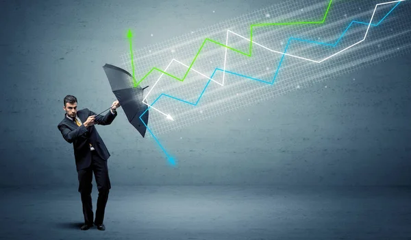 Business person with umbrella and stock market arrows concept