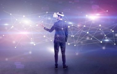 İşadamı vj gözlük ve bağlantı kavramı ile