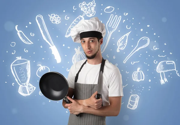 Giovane cuoco con gesso disegnato concetto ricetta minestra — Foto Stock