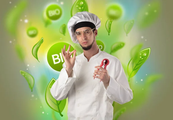 Bio bladeren concept en cook portret — Stockfoto